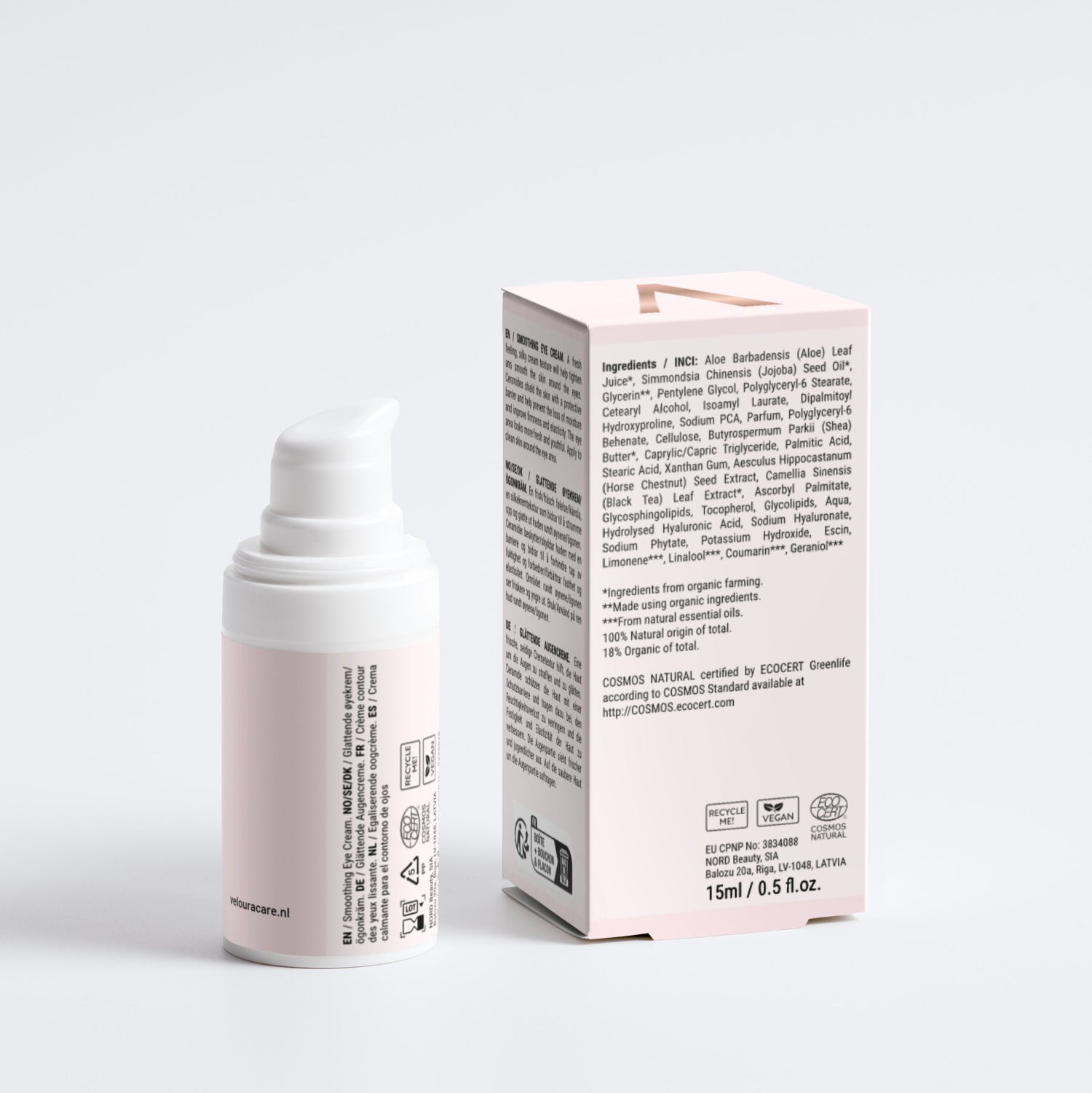 Flesje en verpakking van Anti-Age Oogcrème met een zachte, lichtroze kleur en details over ingrediënten en certificeringen voor natuurlijke huidverzorging.