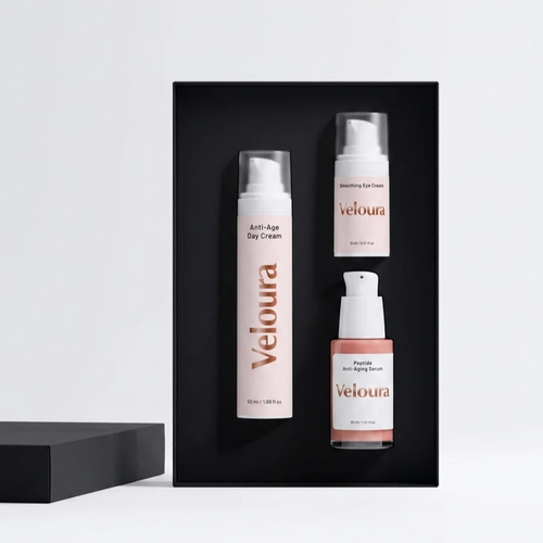 Anti-Aging Collection Box met Veloura natuurlijke huidverzorging, inclusief dagcrème, oogcrème en anti-aging serum voor effectieve skincare routines.