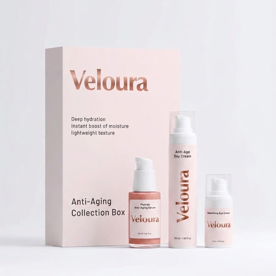 Minimalistische verpakking van de Anti-Aging Collection Box van Veloura met natuurlijke huidverzorgingsproducten voor diepe hydratatie en verjonging van de huid.