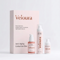 Minimalistische verpakking van de Anti-Aging Collection Box van Veloura met natuurlijke huidverzorgingsproducten voor diepe hydratatie en verjonging van de huid.