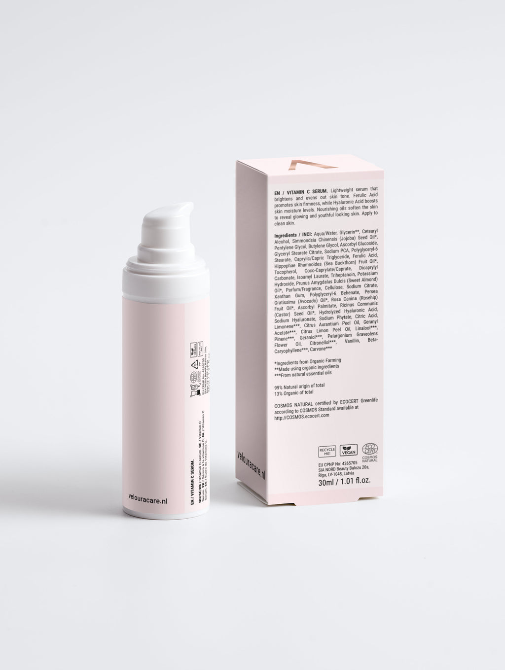 Veloura Vitamin C Serum achterzijde van de pompflesje en verpakking, 50 ml
