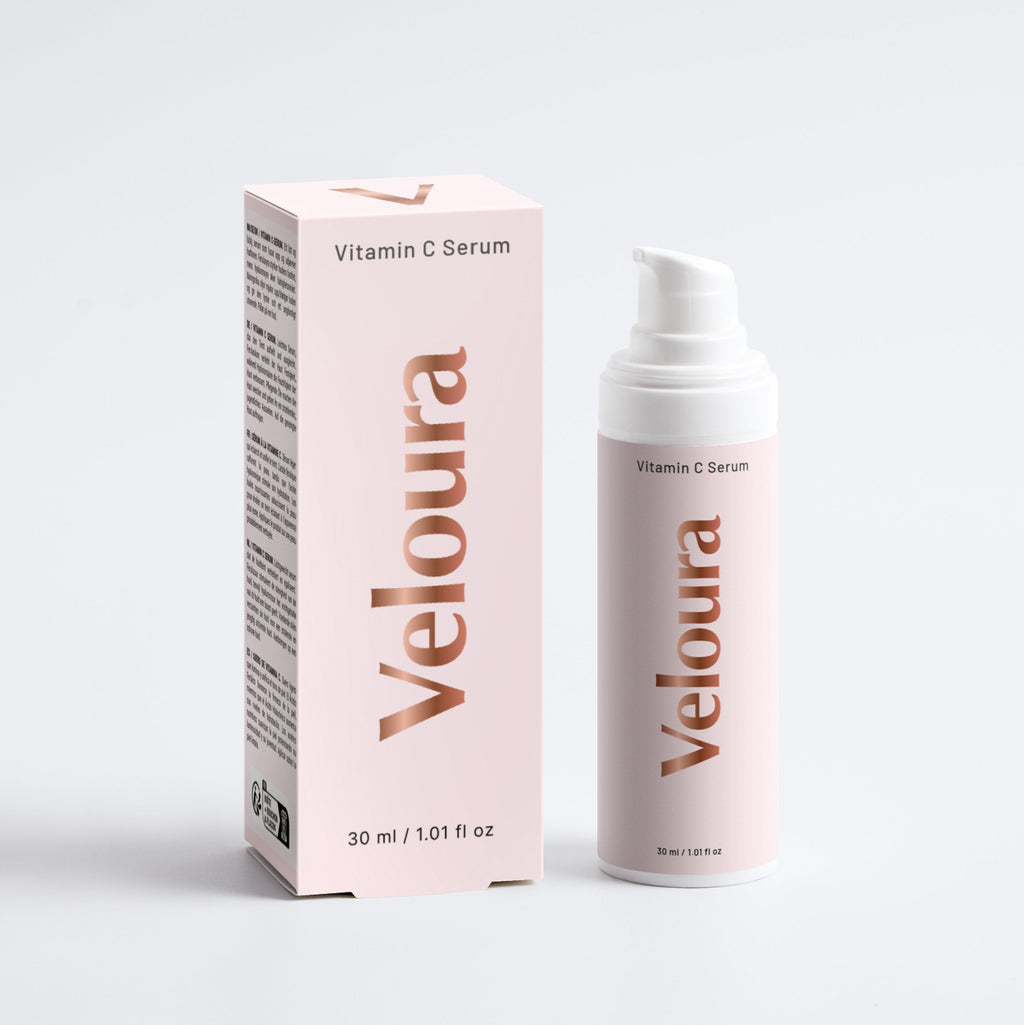 Veloura Vitamin C serum met roze verpakking en pompflacon, 30 ml anti-aging huidverzorging