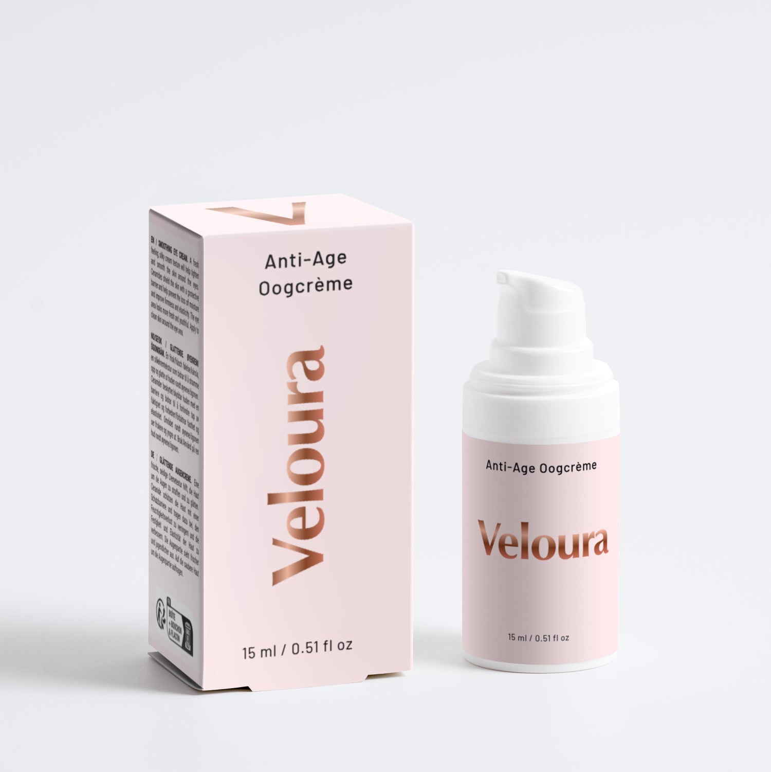 Veloura Anti-Age Oogcrème verpakking en dispenser in zachtroze tint, gericht op natuurlijke huidverzorging en verzorging van de gevoelige huid rond de ogen.