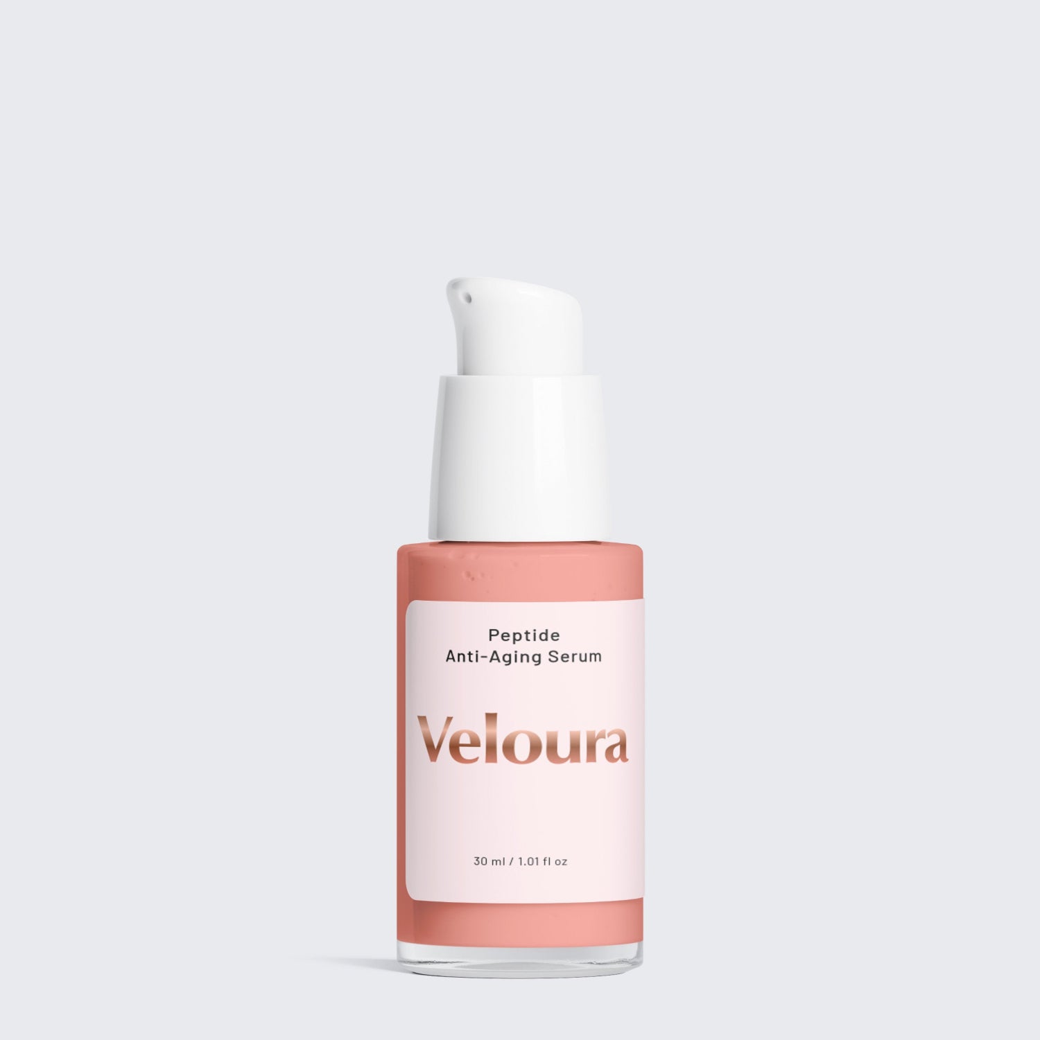 Flesje Veloura peptide Anti-Aging Serum in zachtroze verpakking, onderdeel van de Anti-Aging Collection Box voor natuurlijke gezichtsverzorging.
