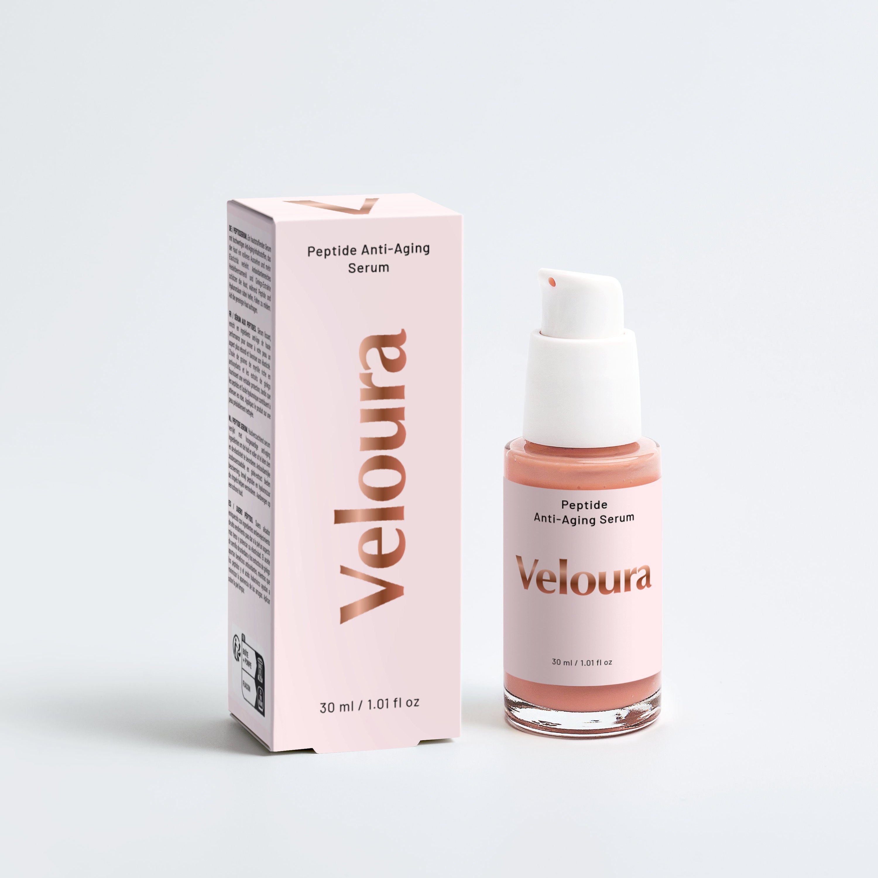 Veloura Peptide Anti-Aging Serum, roze 30 ml gezichtsserum met peptiden in glazen pompflacon en bijpassende productverpakking, luxe anti-aging huidverzorging voor een stralende, verzorgde huid.